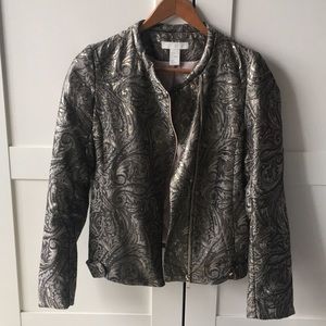 H&M gold paisley fabric quilted moto jacket sz Sm
